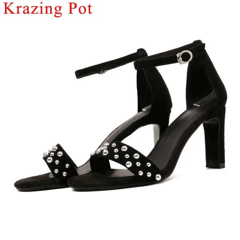 

Large size European style rivets decoration high heels genuine leather buckle strap women sandals peep round toe sexy shoes L27
