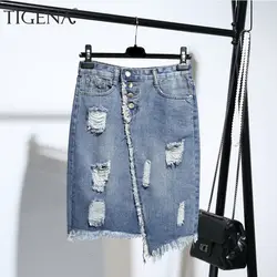 Tigena плюс размеры Модные джинсовая миди юбка для женщин Лето 2019 г. светло голубой отверстие рваные джинсы юбка Женская Кнопка кисточкой