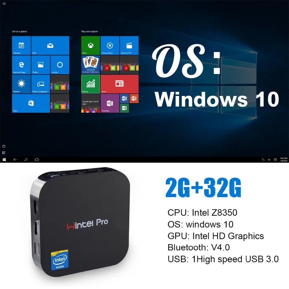 T8 Pro MINI PC Windows 10 карманный компьютер Мини безвентиляторный лицензированных 4 ГБ, 32 ГБ, 64 ГБ Intel Atom 4 K BT4.2 2,4 г/5G Wi-Fi RJ45 100 M LAN