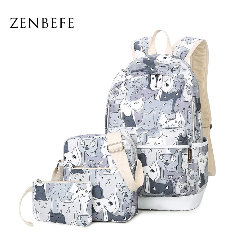 ZENBEFE 3pcs set Cats Printing Backpacks Polyester School Bags For Teenagers Girls Cute School Bag Lady