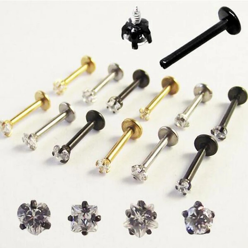

1Piece Gold Silver Black Labret Lip Ring Zircon Anodized Internally Threaded Prong Gem Labret Monroe 16G Tragus Ear Piercing