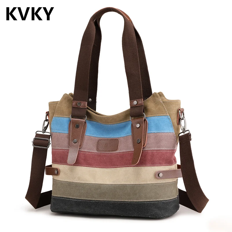 

New Women Canvas Handbags Patchwork Stripe Woman Shoulder Bag Female Crossbody Bag Female Casual Beach Tote Bags Bolsa Feminina