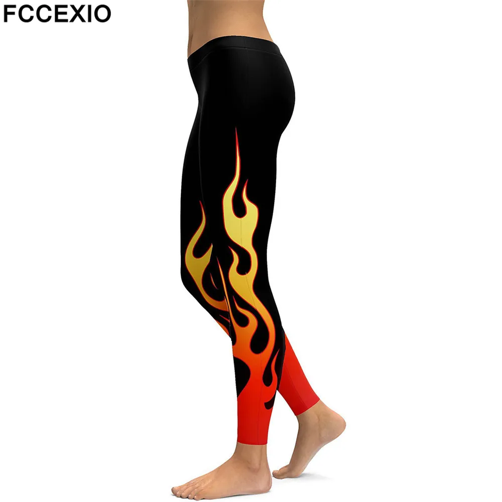 FCCEXIO New Workout Leggings High Waist Fitness Legging Flame 3D Printed Leggins Female Leg Pants Sexy Women Slim | Женская одежда
