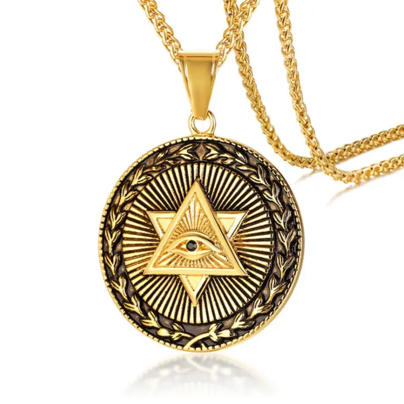 

Antique Men Neckalces Triangle Eye of Providence Illuminati Pyramid All Seeing Eye Stainless Steel Pendants Punk Jewelry