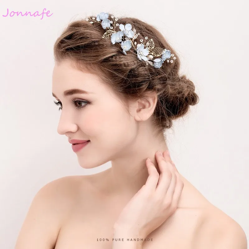 Jonnafe синий цветок расческа для волос Свадебные брошки жемчуг свадебные украшения для волос лоза аксессуары женский головной Убор