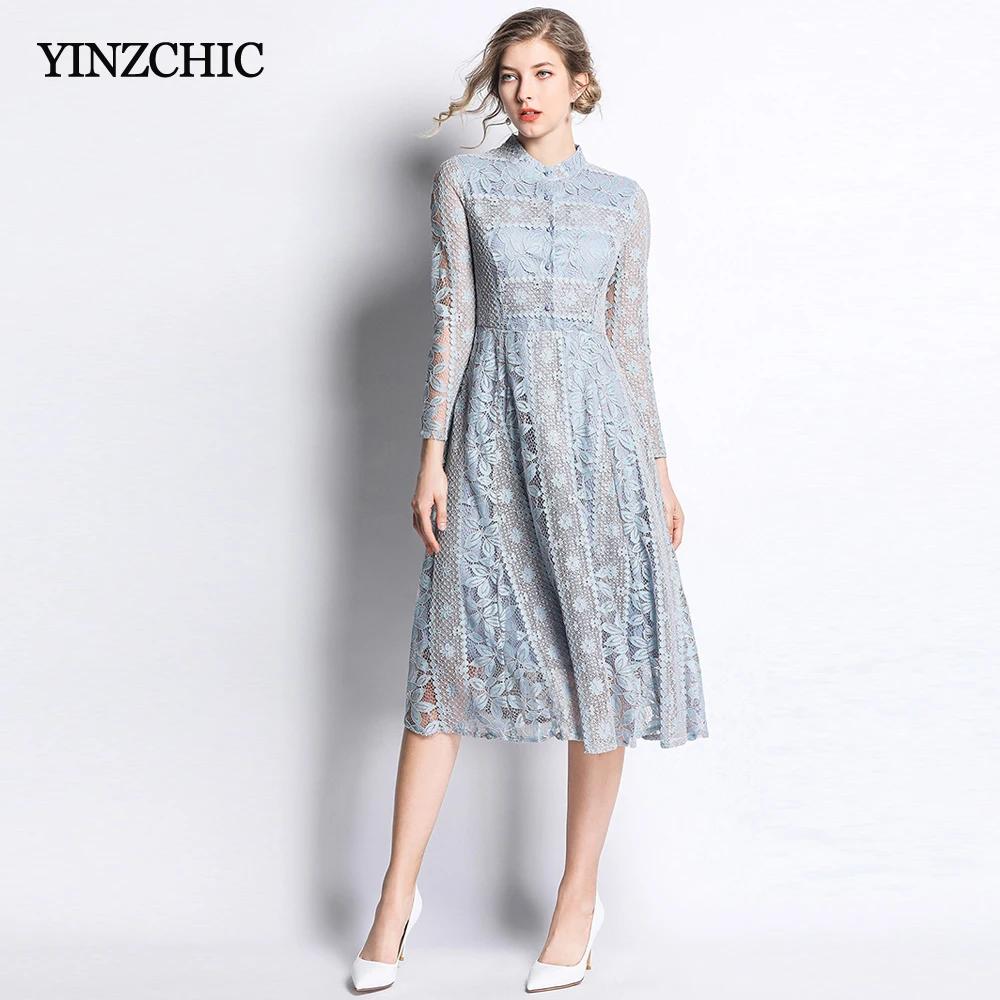 

quality spring lace dress woman solid female casual midi dresses hollow-out laces dress for woman a-line party dress lace summer
