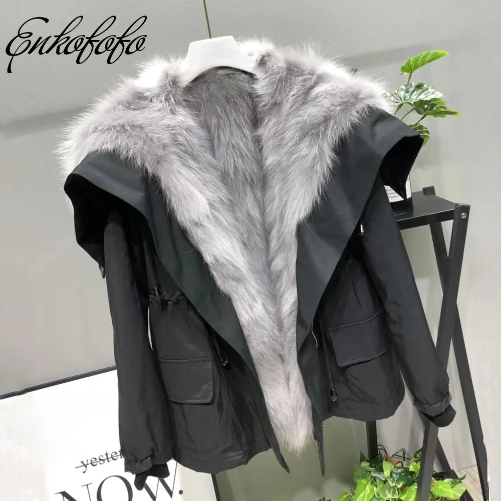 2019 Women Real Fox Fur Collar Coat Natural White Raccoon Liner Detachable Loose Thick Warm Winter Jacket Hooded Parkas | Женская одежда