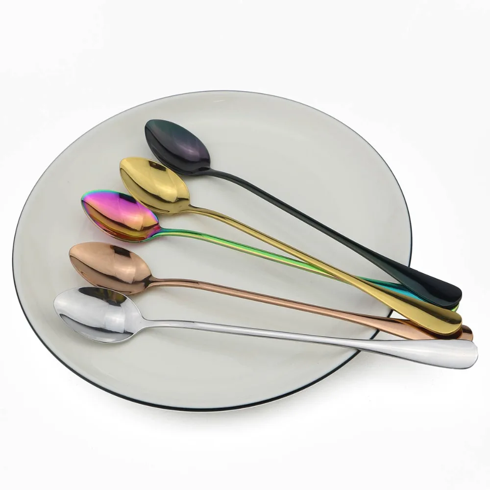 

Ranibow Stainless Steel Long Handle Coffee Spoon Black Gold Coffee Scoops Juice Ice Cream Stirring Dessert Tea Spoon Set