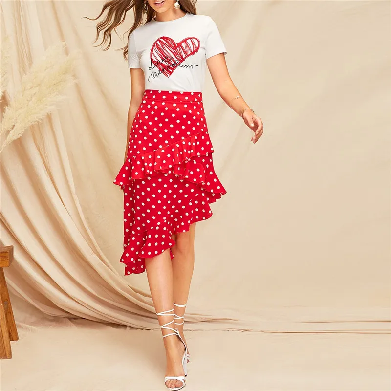 SHEIN Женская юбка в горошек с красной оборкой и асимметричным подолом, летняя женская юбка в стиле бохо, повседневная юбка для пляжного отдыха со средней талией