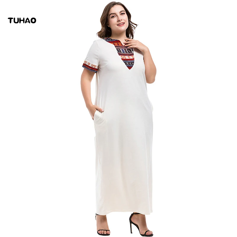 

TUHAO women's Dress Plus Size 4XL 3XL Women 2018 Summer Bohemian White Maxi Long Dresses Large Size loose Muslim Dresses ZL40