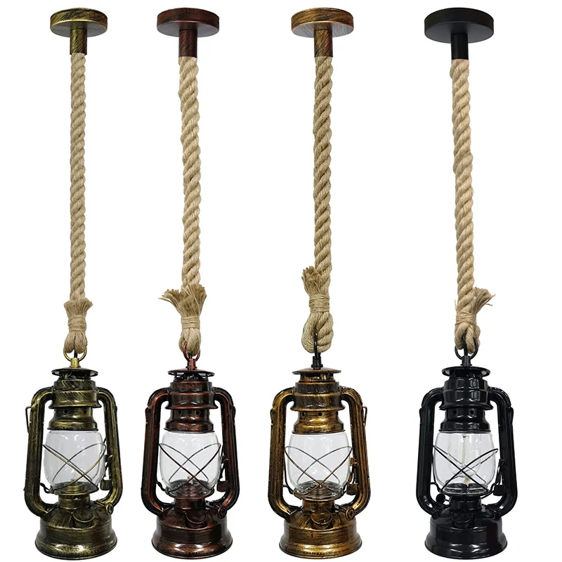 Vintage Kerosene Pendant Lights With Bulb E27 Hemp Rope Hanging Lamp For Home/Bedroom/Living Room Industrial Pendant Lamp
