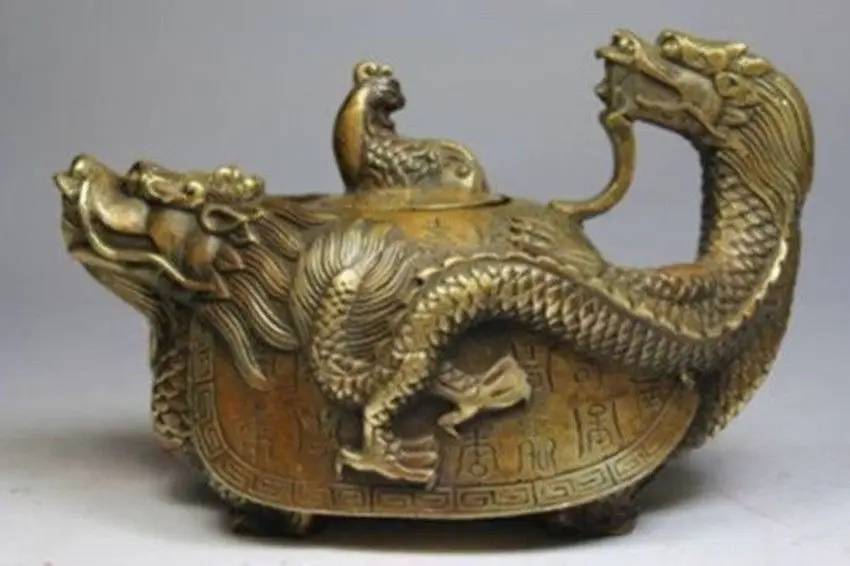 Elaborate-Chinese-Antique-Imitation-Handmade-Old-Copper-Dragon-Turtle-Statue-Teapot