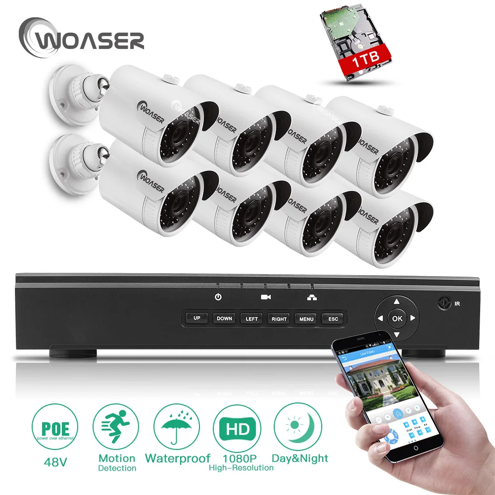 Woaser 1080 P 8ch PoE NVR комплект системы видеонаблюдения безопасности 48 В видео Выход 8 шт.
