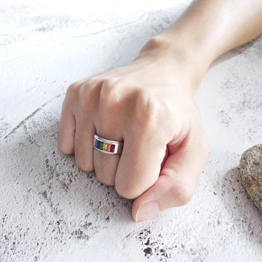 Stainless Steel Rainbow Cubic Zirconia Pride Wedding Band Rings Jewelry Lovers Couple Valentine's Day Gift Rings Hot Sale