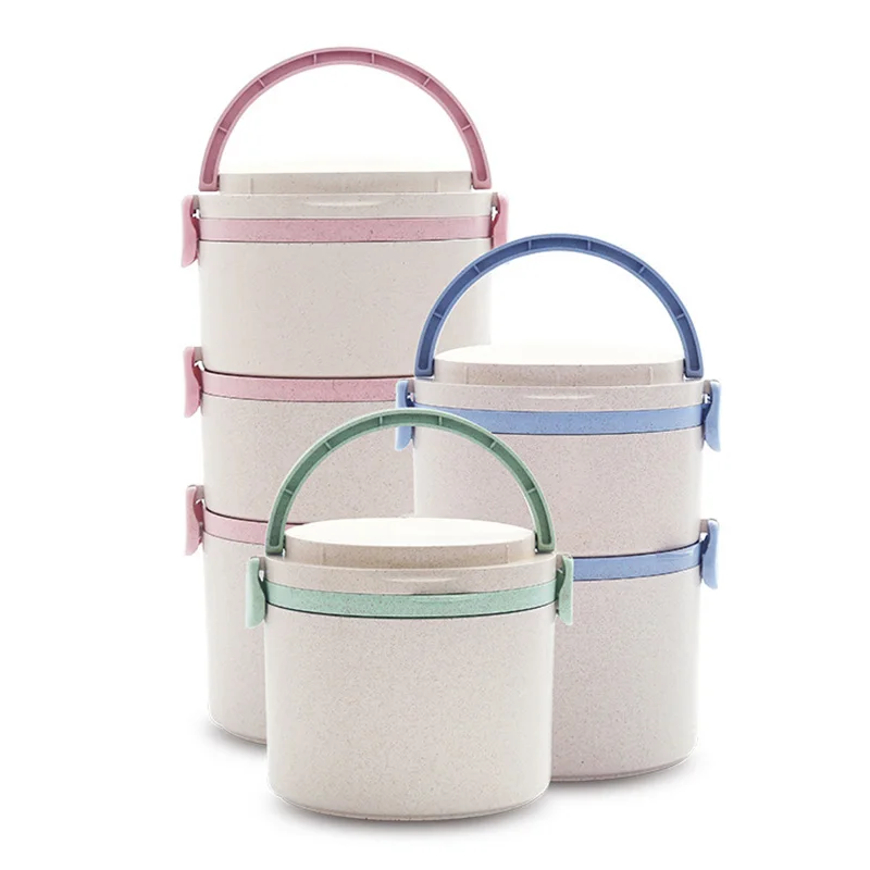 

Food grade natural wheat straw microwave box bpa free lunchbox 3 layer bento round container lunch box rvs