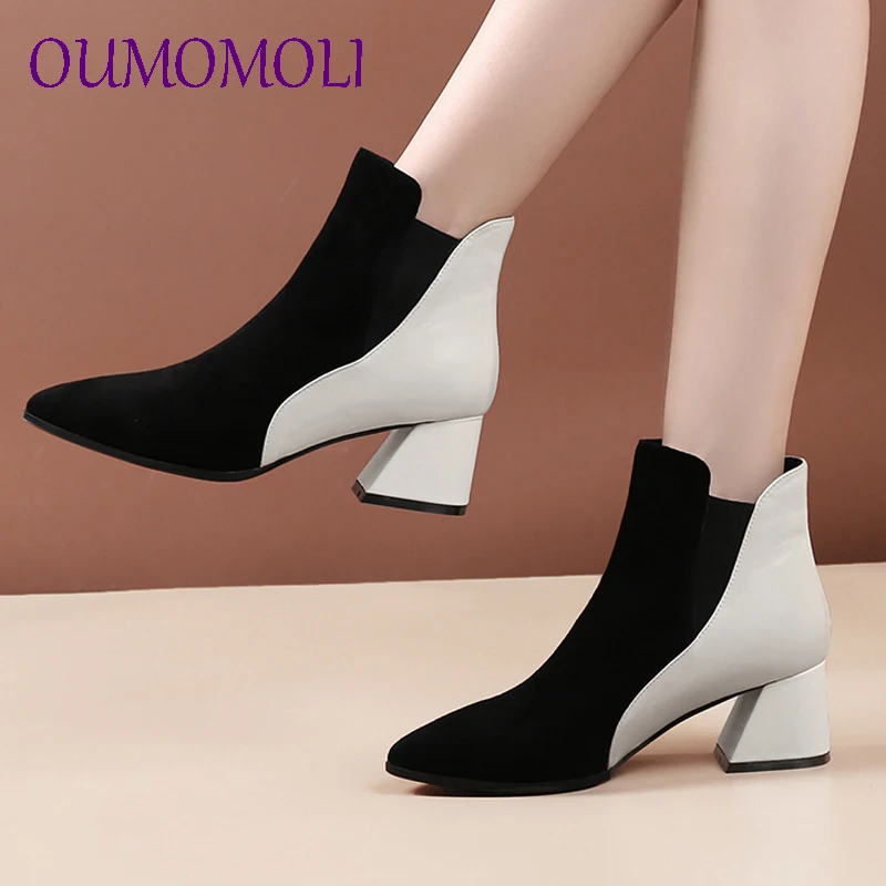 

Mixed Color Women Ankle Boots Pointed Toe Autumn Chelsea Genuine Leather Booties Shoes Woman 5cm Square High Heels Bottine