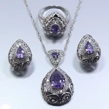 Сказочный Фиолетовый Кристалл пустая капля женщин 925 серебряный цвет ювелирный набор серьги кольцо ожерелье кулон бесплатный подарок TZ267