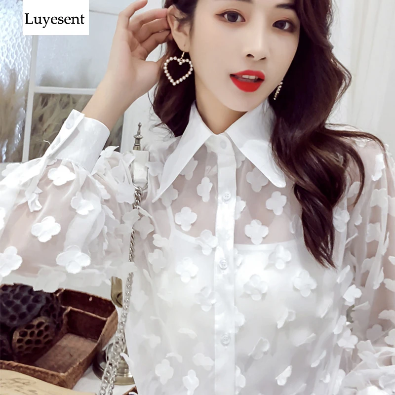 

Women Black White 3D Floral Chiffon Spring Shirts Female Transparent Turn-down Collar Single Breasted Sexy Blouses 2019 Thin Top