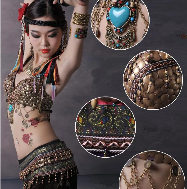 3 предмета Комплект Костюм ats(бюстгальтер Hip шарф брюки) Для женщин Винтаж Цыганский танец живота племенной наряд чашка AD