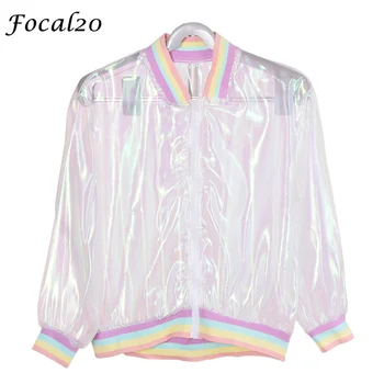 

Focal20 Streetwear Rainbow Color Laser Women Sunproof Jacket Clear Iridescent Transparent Jacket Coat Sun Protection Outwear