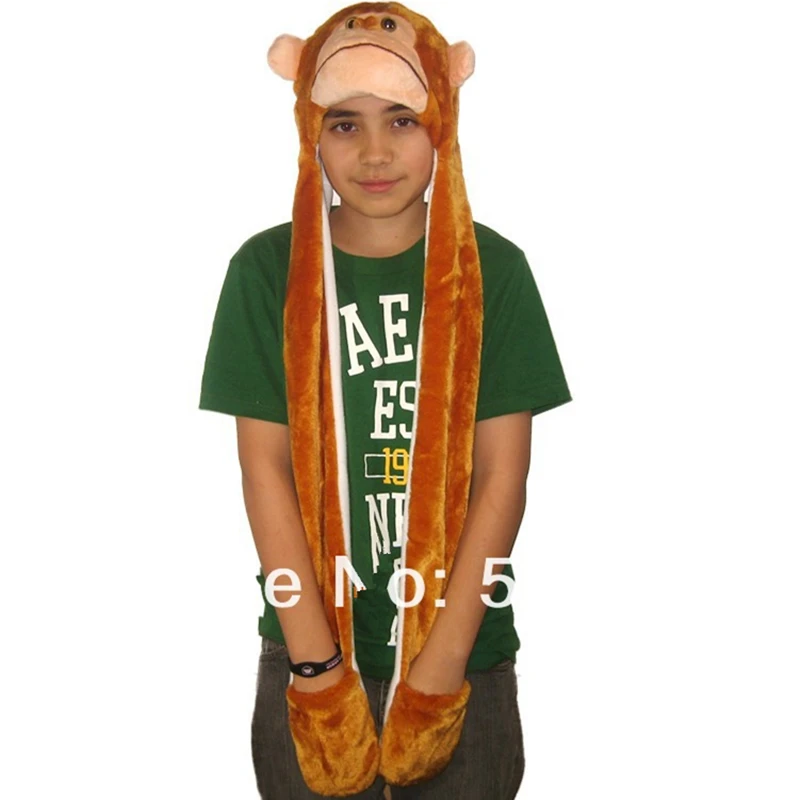 High Quality Hood Animal monkey plush Hat With Ear Flaps and Hand