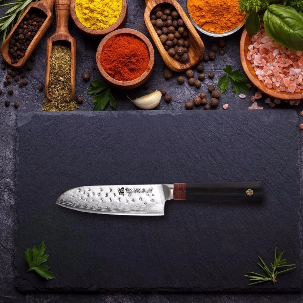 TUO столовые приборы Santoku нож-японский дамасский AUS-10 высокоуглеродистая Нержавеющая сталь-Молотковая отделка-Азиатский кухонный нож-5,5''