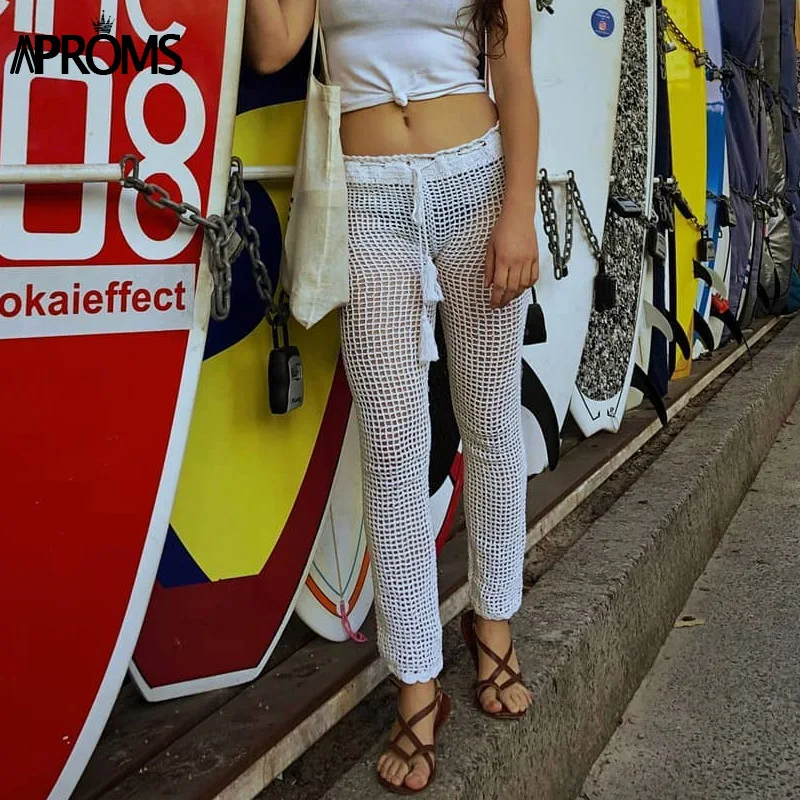

Aproms Boho White Knitted Hollow Out Beach Pants Women Summer Sexy Handmade Crochet Bikini Sunscreen Trousers Pantalon Femme