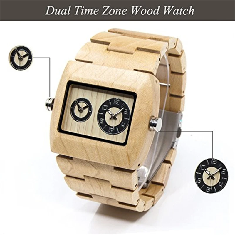 BEWELL Fashion Mens Wooden Watch Sub-dial Rectangle Dial Dual Time Zone Sport Quartz Wrist Watches 021C