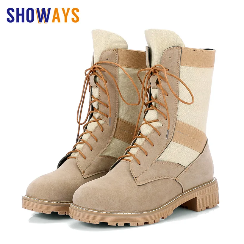 

British Women Mid-calf Platform Boots Canvas Flock Patchwork Medium Square Heel Round Toe Lady Lace-up Desert Martin Half Boots