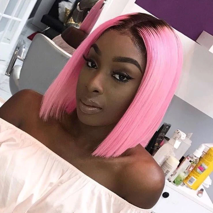 

Sunnymay Full Lace Human Hair Wigs Brazilian Virgin Hair Hot Pink Dark Root Bob Lace Wigs Pre Plucked Middle Part