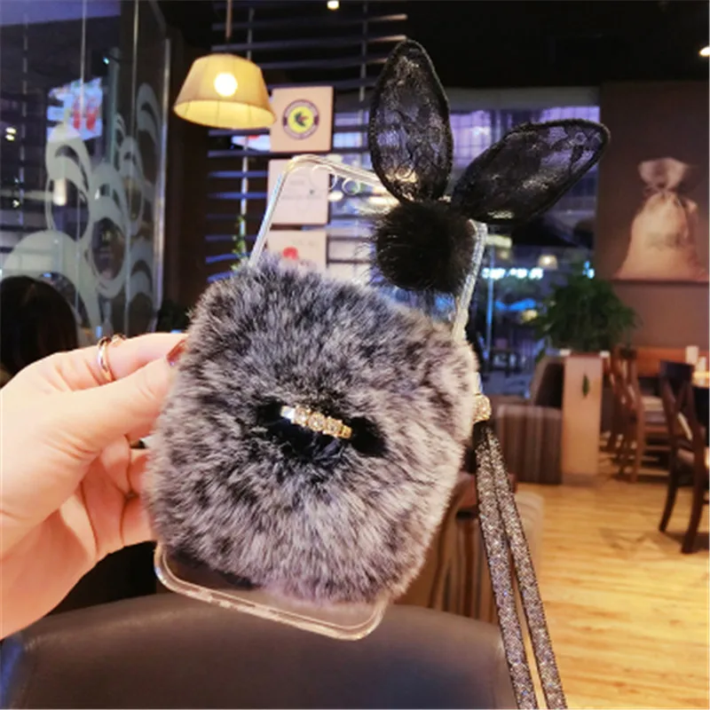 For Samsung Galaxy S7 Edge S8 S9 S10 Plus Note 9 8 Luxury rabbit fur buckle lace ear glitter soft phone case cover lanyard |