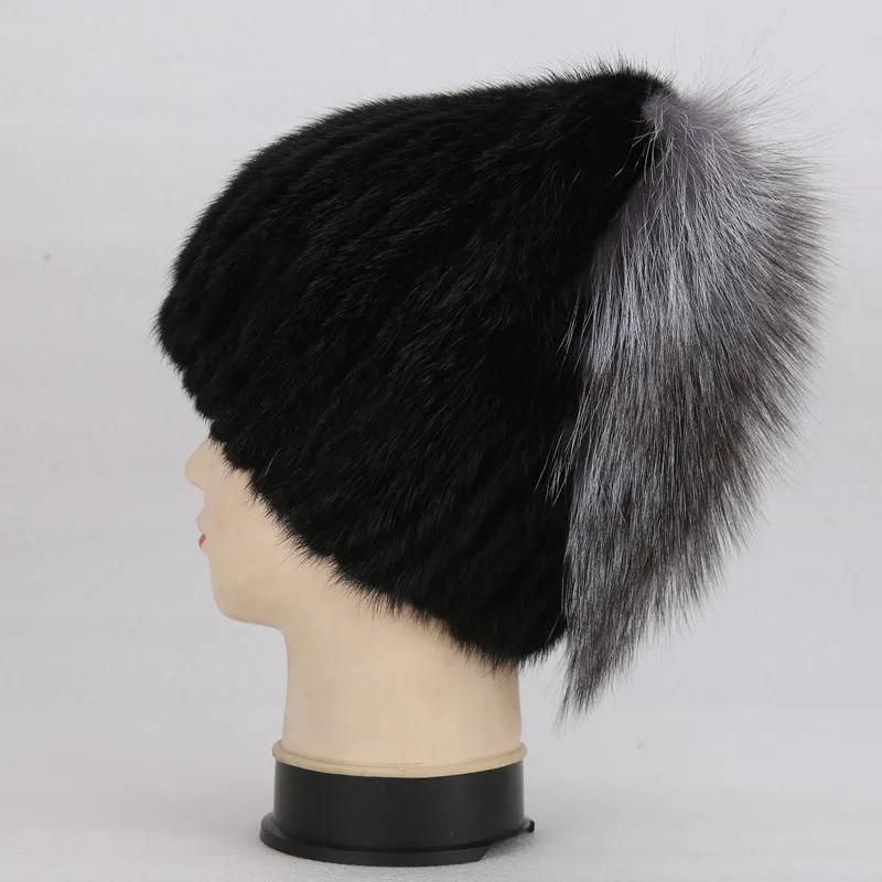 Skup Zima prawdziwe naturalne futro z norek z puszyste naturalne srebrne futra lisa proste urocze kocie uszy kwadratowa czapka ciepłe zimowe dla kobiet czapka zimowa