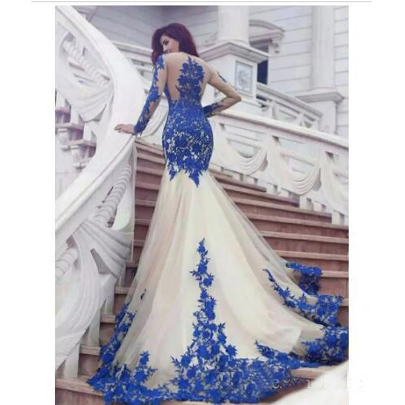

Verngo Blue Evening Dress Long Sleeves Lace-appliques Mermaid Formal dress vestido de noiva 2019 Plus Size Celebrity Evening