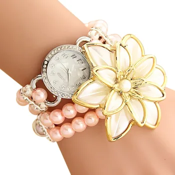 

Hot sale Imitation Pearl Strap Flower Bracelet Quartz Wristwatches Women Dress Watches for women Montre Femme Clock Female Smile