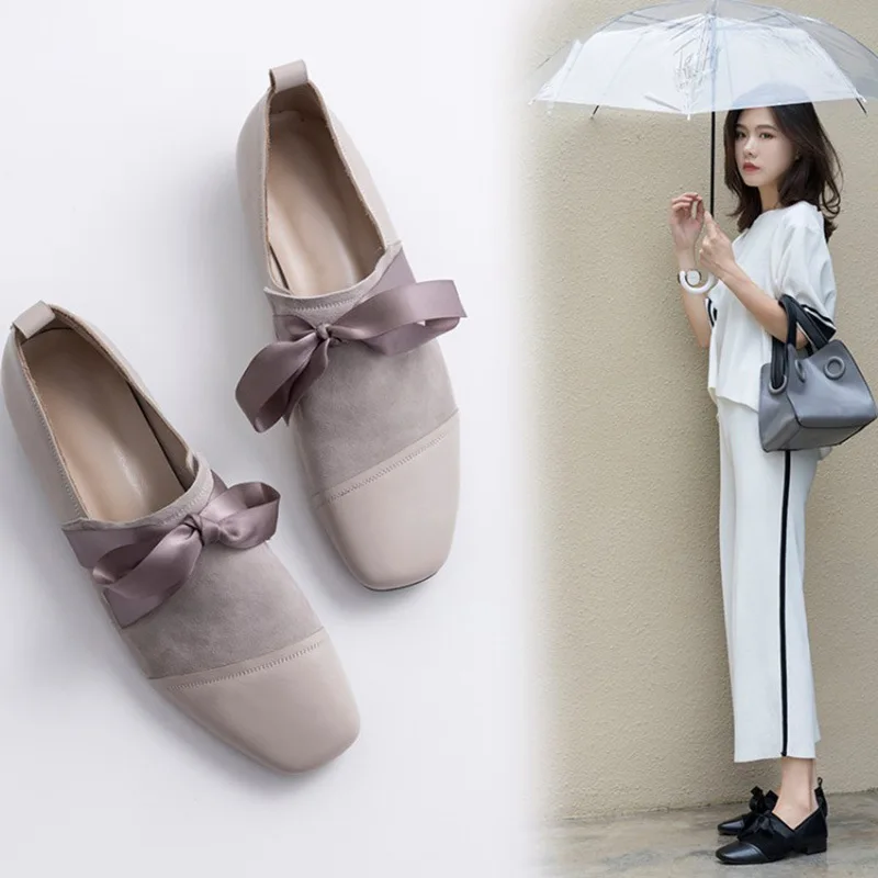 

2019 spring and autumn new literary retro leather square head single shoes female ribbon bow low heel women's shoes.