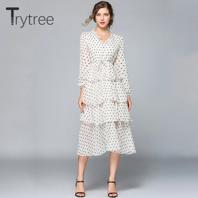 

Trytree 2019 Summer Autumn Casual Elegant Dot Dress Ruffled V-Neck women's dresses Cascading Ruffle Hem A-Line Mid-Calf Dress