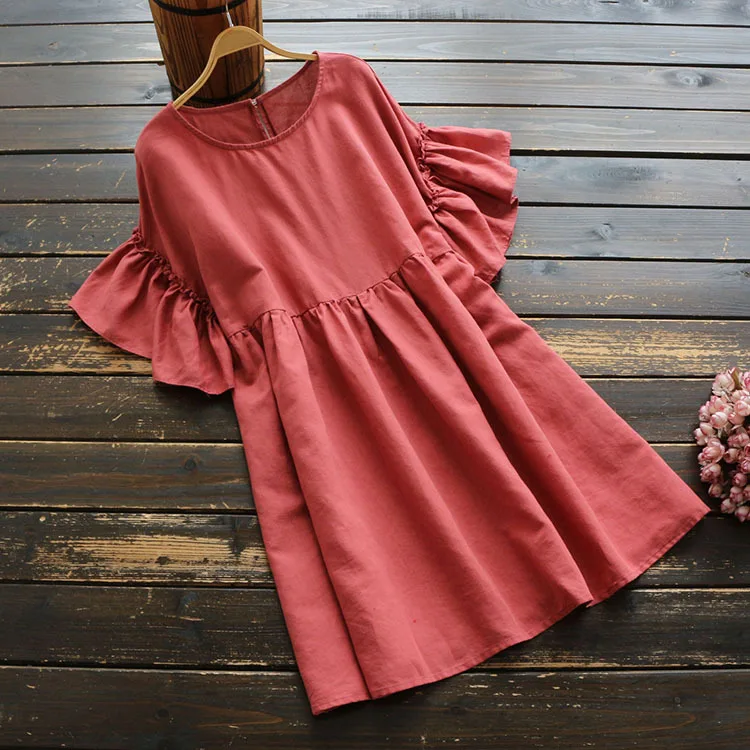 

6240 new summer women loose Ramie solid color dress mori girl O-Neck short dress A-line women Casual dress