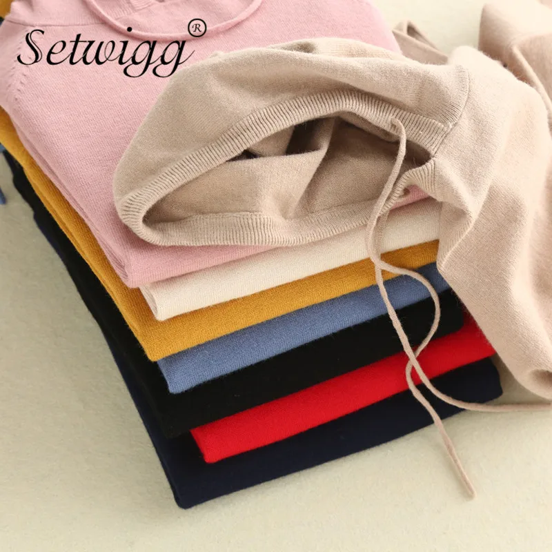 

Autumn European Cashmere Blend Hooded Pullover Knit Sweater Loose Cap Solid Sweater Loose Knitted Cap Sweater & Knitwear