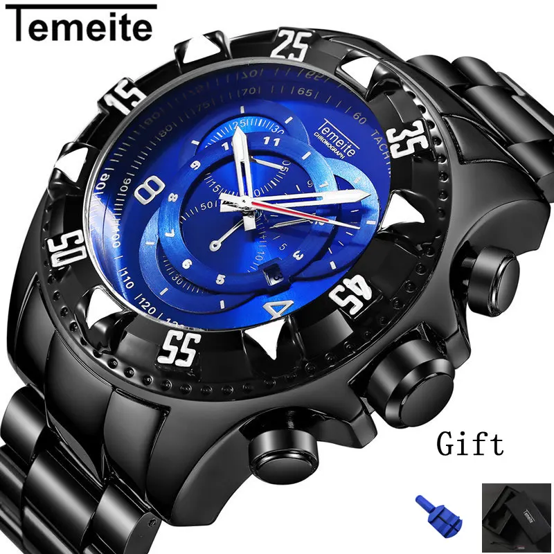 

mens Big dial watches luxury Top Brand black blue watch 316L stainless steel quartz 30m waterproof man wristwatch temeite