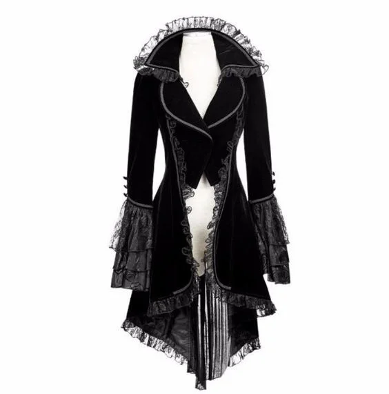 Women Lace Trim Lace-up High Low Coat Black Steampunk Victorian Style Gothic Jacket Medieval Noble Court Dress S-3XL - Color: Black