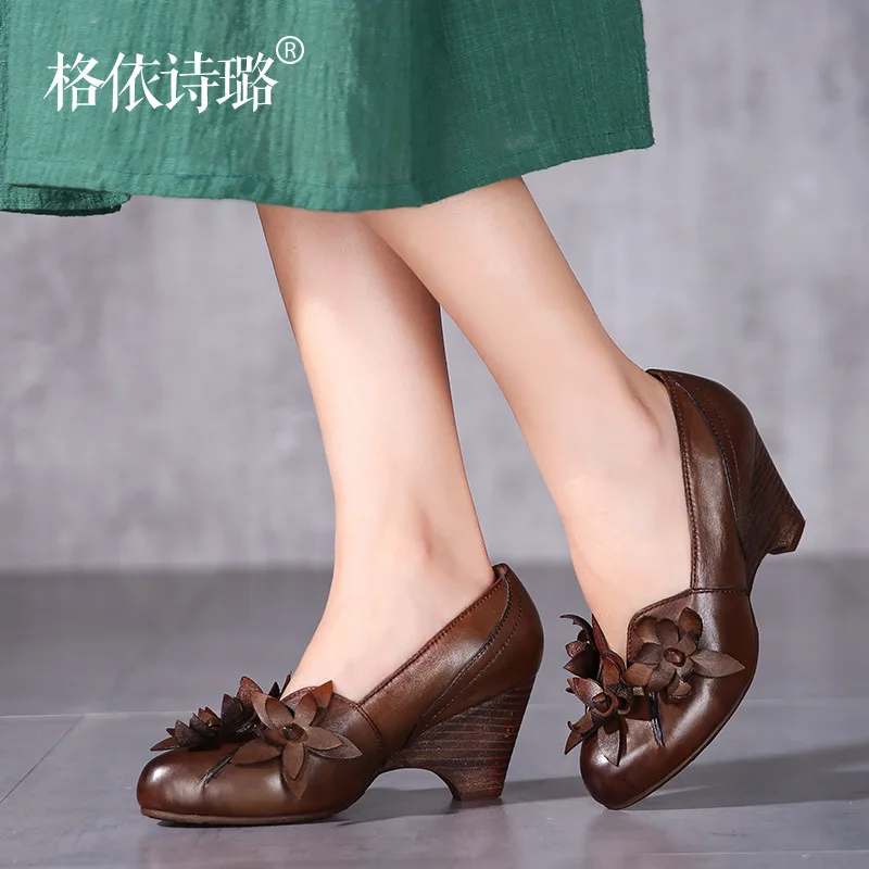 High-end vintage women heels handmade leather shoes comfort women's shoes 2017 spring shoes female
