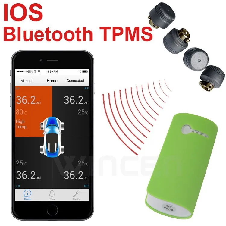 IOS IPONE iPad IPod Touch Bluetooth Беспроводной TPMS с внешними Датчики Поддержка Высокая Низкая Давление Температура сигнализации