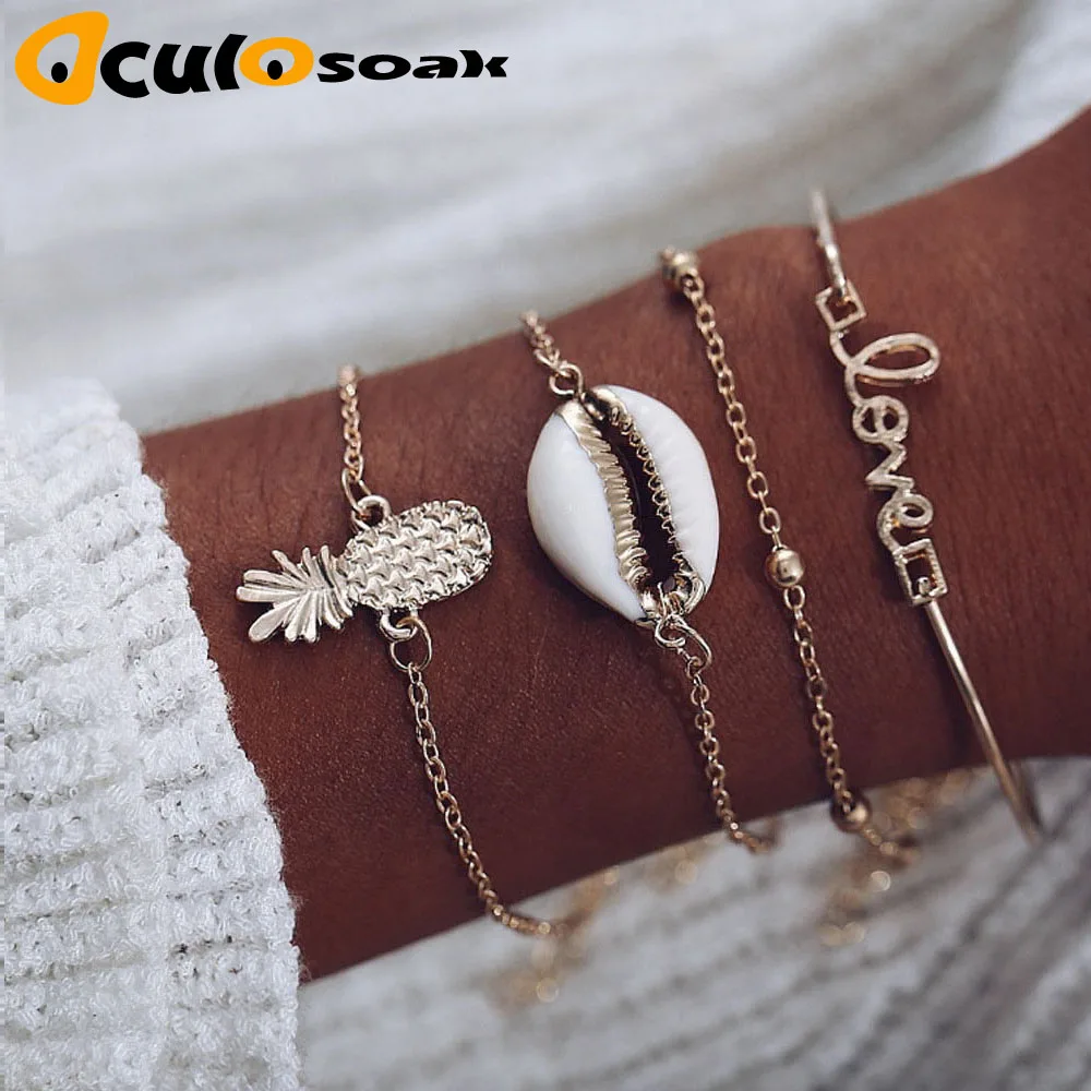 

Bohemian Love Cowrie Shell Pineapple Bracelets for Women 4PCS/Set Ocean Beach Chain Bracelet Set Armbanden Voor Vrouwen