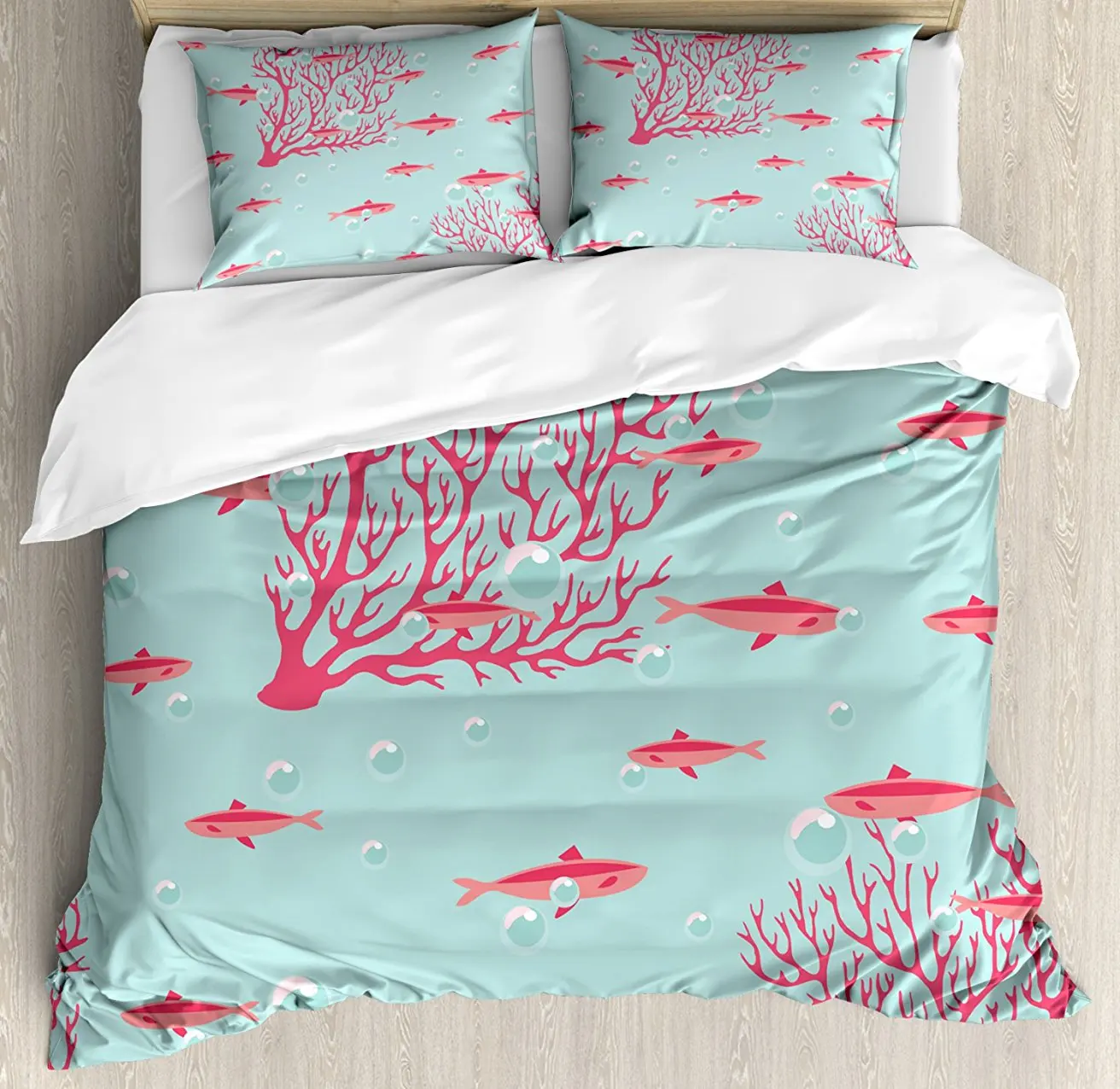 Duvet Cover Set, Aquatic Pattern with Little Cute Fishes and Coral Reef