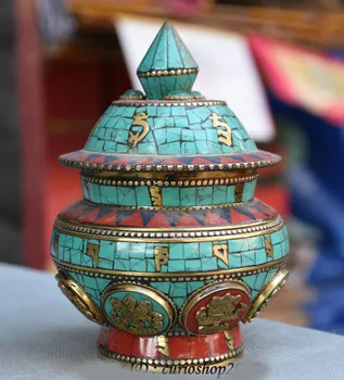 

wedding decoration 5" Old China Buddhism Copper Turquoise 8 Auspicious Symbol Pot Jar General tank