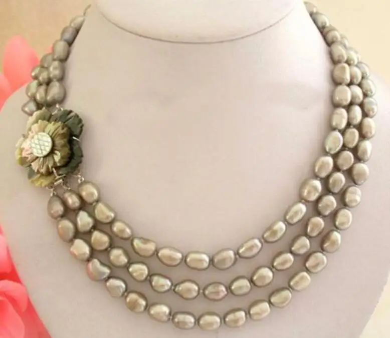 

Stunning Real Pearl Jewellery, 3 Rows AA 9-11mm Gray Baroque Freshwater Pearls Necklace,Shell Flower Clasp.