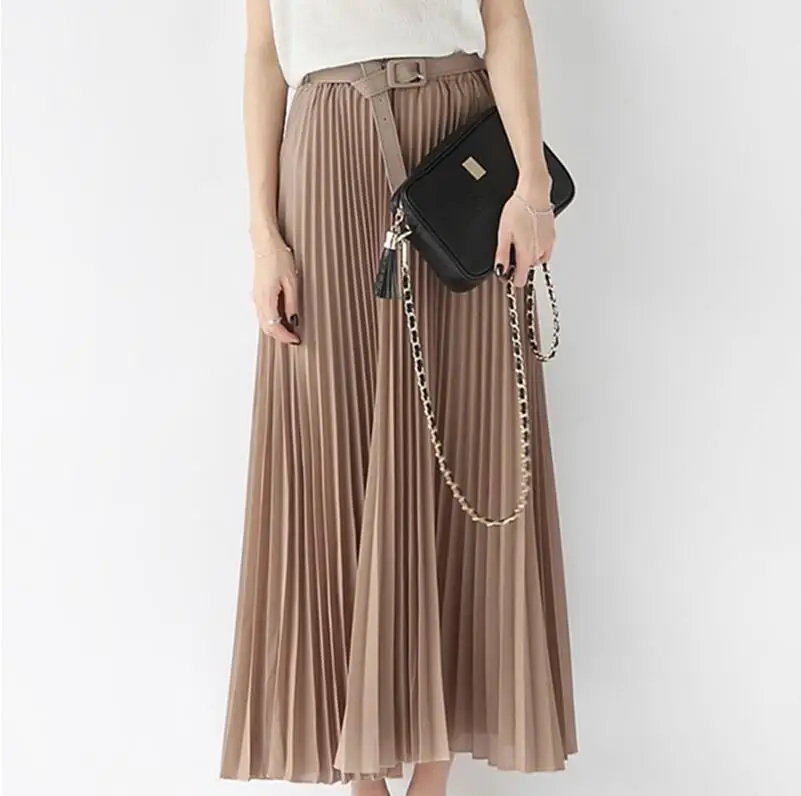 

Summer 2017 Fashion Elegant bohemia chiffon pleated woman elastic waist length to floor length Tulle Maxi Beach Skirt With Belt
