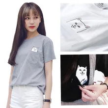 Summer T-shirt Women Casual Top Tees Cotton Tshirt Female Brand Clothing T Shirt Printed Pocket Cat Top Cute Tee HYK-22