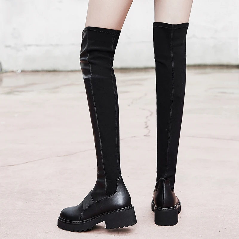 Модные брендовые черные женские ботфорты выше колена высокие теплые зимние сапоги на высоком каблуке женские облегающие высокие сапоги для танцев размер 42, 43