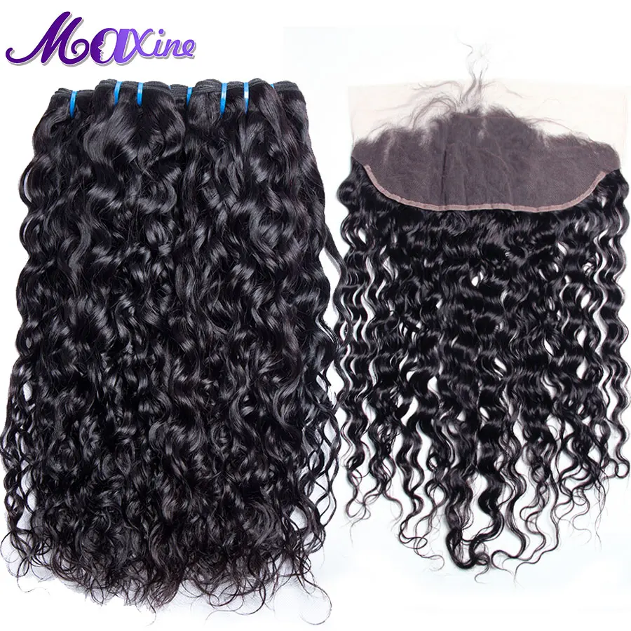 online Maxine 3 Pacotes Brasileira Onda de Água Do Cabelo Pré Arrancadas Lace Frontal Encerramento Com Bundles Tecer Cabelo Não Remy Humano Natural cor